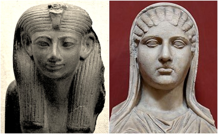 Хатшепсут (слева) носила статус главной царицы и жены фараона; а Аспасии (справа), подруге Перикла, отводили роль его наложницы, бывшей гетеры