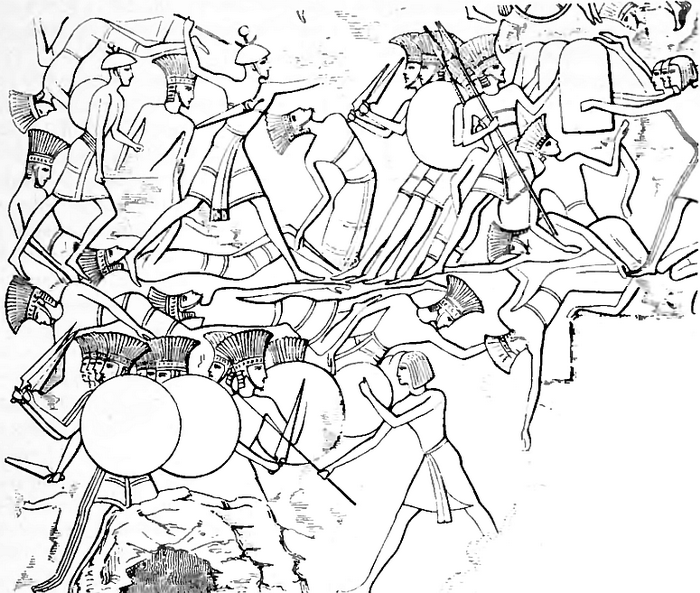 Рисунок с барельефа древнеегипетского храма: изображено сражение египтян с напавшими на них «народами моря»