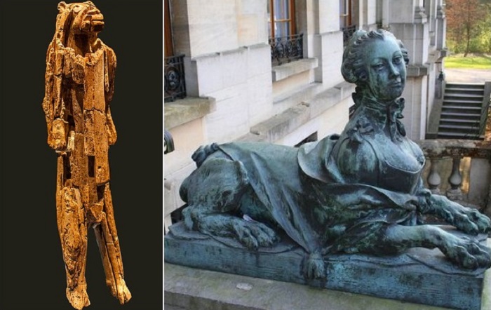 Слева - Левенменш, статуя возрастом от 35 000 до 41 000 лет; справа - сфинкс в стиле маньеризма