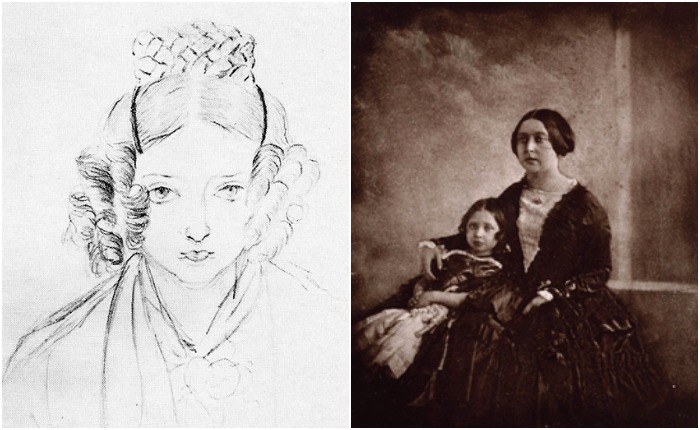 Автопортрет Виктории, нарисованный в 16 лет, и фотография королевы с ее старшей дочерью, сделанная десятью годами позже