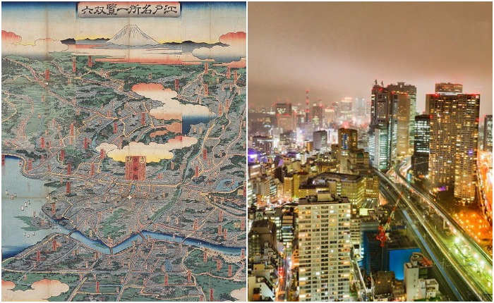 Город Эдо в 1858 году и современный Токио. Источник: wikipedia.org