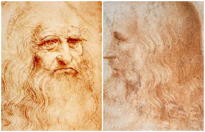 Слева - предположительно, автопортрет да Винчи, справа - его портрет работы Мельци