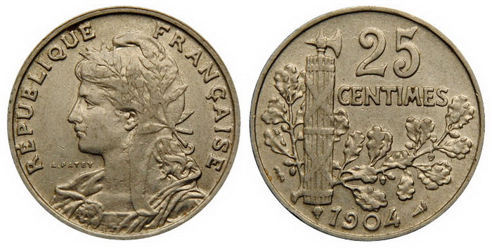 Профиль Марианны на монете в 25 сантимов
