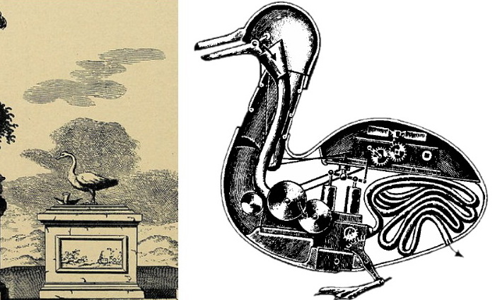 Сохранились зарисовки утки Вокансона и попытки изобразить строение этого автомата - попытки ошибочные