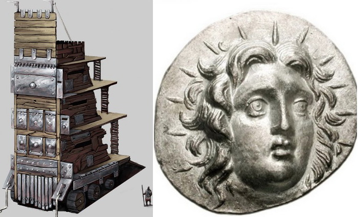 Слева - гелепола, осадная башня античности; справа - серебряная монета Родоса, датированная II в. до н.э.