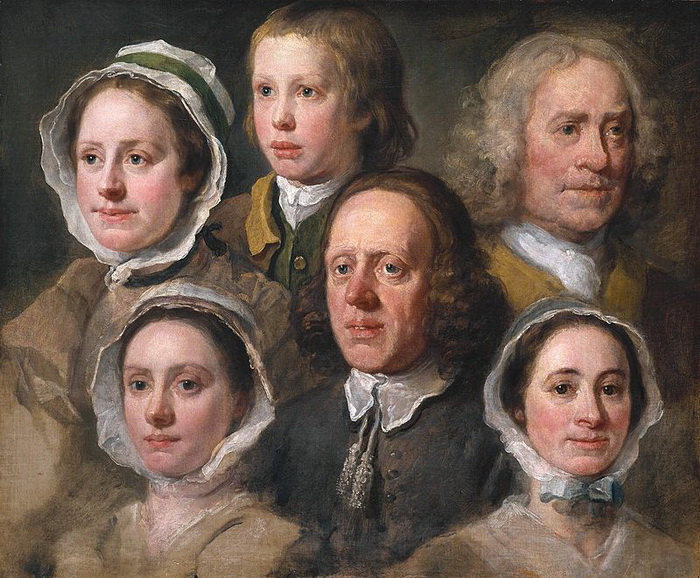У. Хогарт. Головы шести слуг Хогарта. (около 1758  г.). Дворецкого художник изобразил в центре. Источник: wikipedia.org