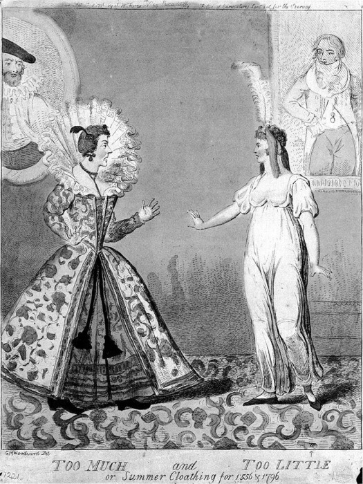 Гравюра  Исаака Крукшенка «Слишком много и слишком мало, или летняя одежда 1556 и 1796 годов» (На основе рисунка Джорджа Маутарда Вудворда)