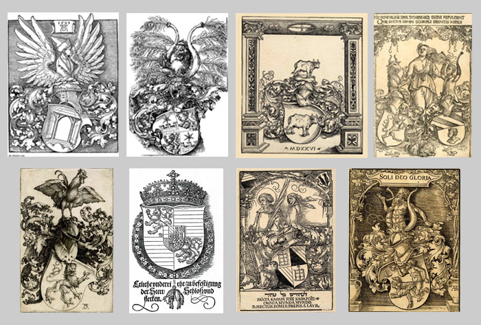 Гербовые экслибрисы работы Альбрехта Дюрера. На левом вверху изображен его личный герб.