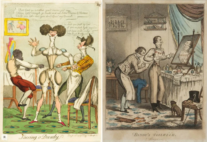 Карикатуры начала XIX века – денди, надевающие корсет