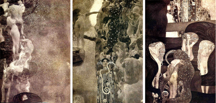 Густав Климт. Факультетские картины Философия, Медицина и Юриспруденция. К сожалению, полотна были уничтожены в 1945 году, и теперь мы можем судить о них только по черно-белым снимкам.