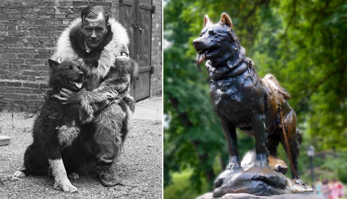 Гуннар Каасен вместе с Балто и памятник в честь пса-героя