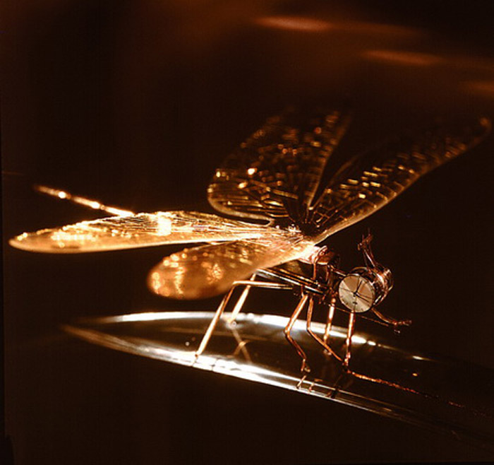 «Время». Самые маленькие в мире действующие механические часы, которые размещены в головке золотой стрекозы. Мотор и часы состоят из 130 деталей. Материал: золото, стекло. М. Сядристый, 1973-1981 гг.