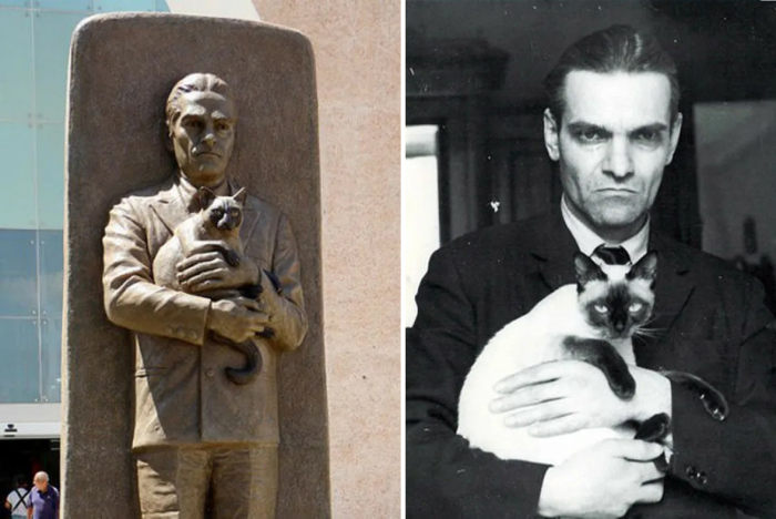 Памятник Юрию Кнорозову в Мексике и фотография с кошкой Асей