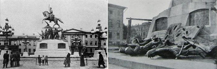 Памятник М. Д. Скобелеву (скульптор П. А. Самонов), на площади Скобелева (Тверская), Москва, 1910-е годы и демонтаж этого монумента в 1918 году