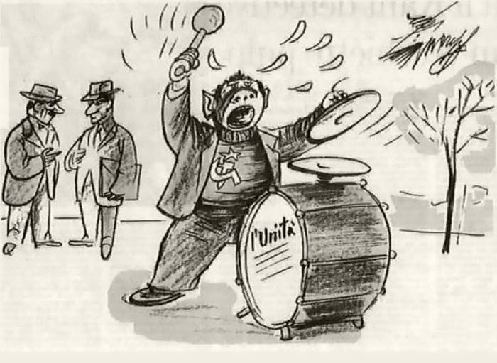 Карикатура Джованнино Гуарески из журнала Candido от 19 апреля 1959 года изображает коммунистов как «Trinariciuto»