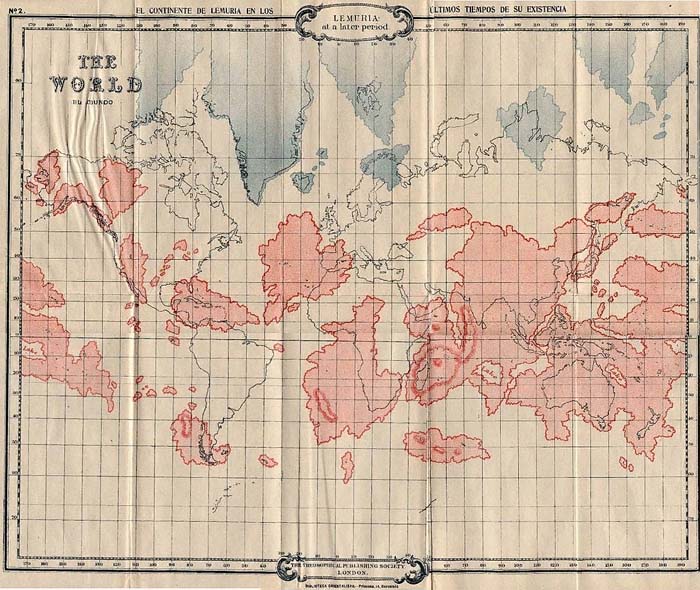 Карта Лемурии в ее поздний период, изображенная поверх современного расположения материков. Приложение к первому изданию книги У. Скотта-Эллиота «История Лемурии и Атлантиды» (1896)