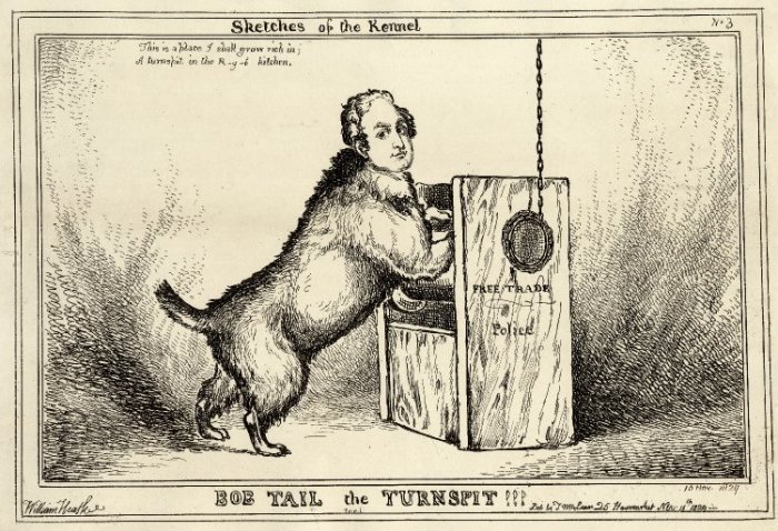 Карикатура на сэра Роберта Пила  - создателя муниципальной полиции Лондона в образе собаки-вертельщика (на подставке написано «свободная торговля — полиция»). От его имени английских полицейских прозвали «бобби». «Bob tail the turnspit!!!» (1829 г.)
