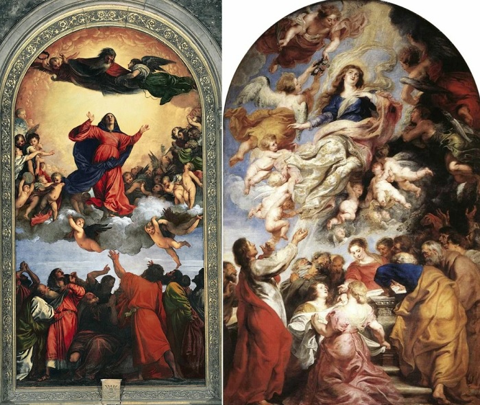 Классические варианты изображения библейского сюжета: «Успение Богоматери» Тициана (1516–1518 гг) и «Успение Девы Марии» Рубенса