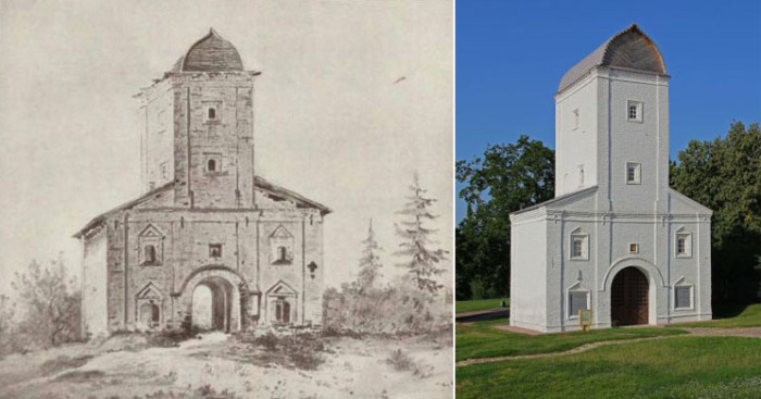 Соколиная башня в Коломенском на гравюре и в наши дни