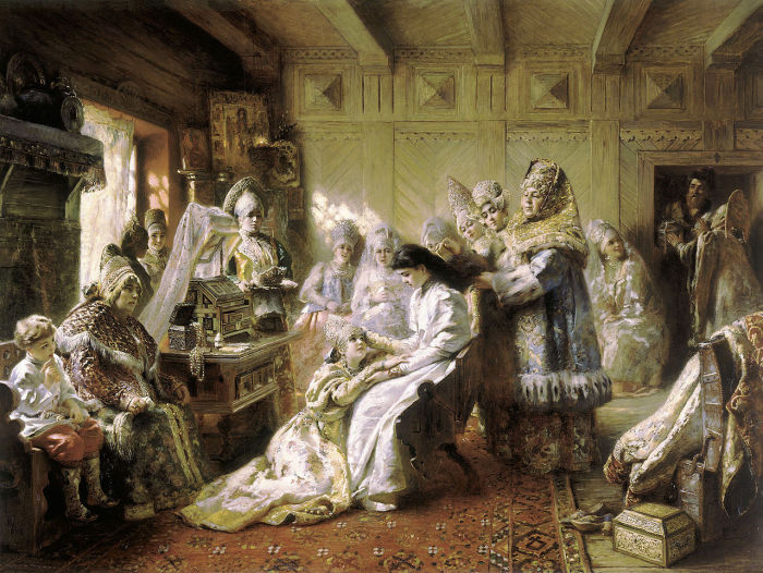 «Перед венцом», 1884 год. Еще одна известная картина Константина Маковского, хранящаяся за рубежом. Она является одной из главных жемчужин музея «Калифорнийский дворец Почетного легиона» в Сан Франциско. 