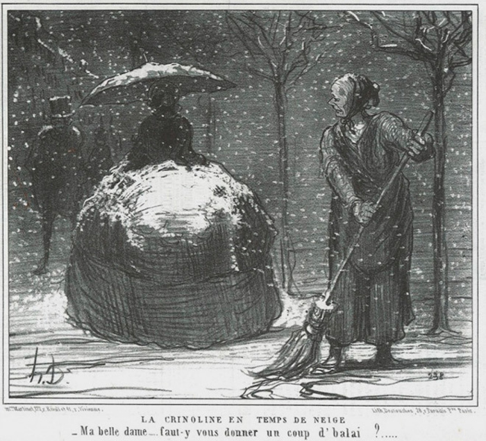  Кринолин зимой. Карикатура Оноре Домье. 1858 год: - Госпожа, если угодно, я с вас снег смету?