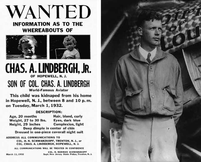 Плакат с объявлением о пропавшем сыне Линдберга и сам знаменитый летчик