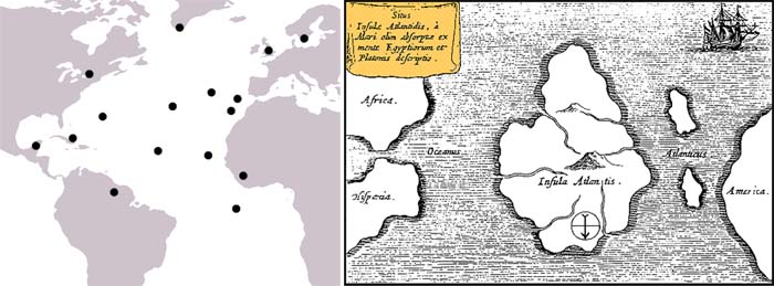 Места в Атлантическом океане, куда различные исследователи помещали Атлантиду и Карта Атлантиды Афанасия Кирхера, 1669 год