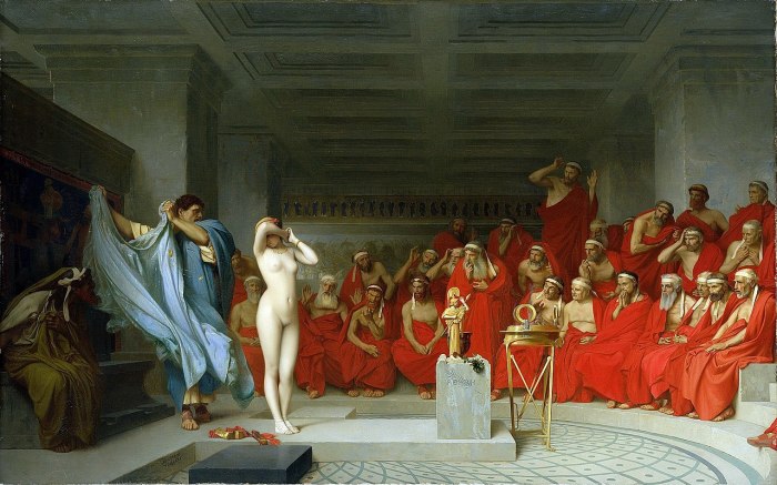  «Фрина перед ареопагом», Жан-Леон Жером, 1861 (скорее всего, гетера предстала перед  гелиэей — афинским судом присяжных, но художник в названии картины использовал более звучное слово)