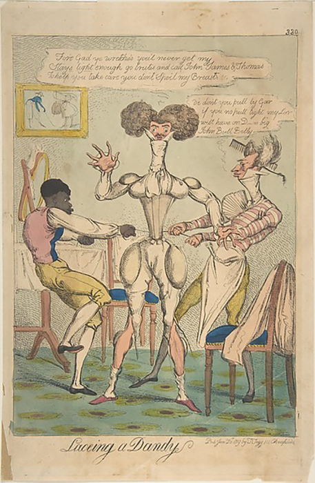 Шнурование денди. Английская карикатура. 1819 год
