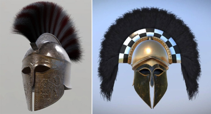 Современная реконструкция шлема спартанского гоплита и Коринфскиого шлема с поперечным гребнем