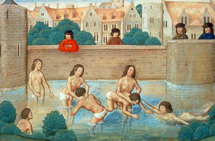«Мальчики учатся плавать» миниатюра-иллюстрация, Декамерон 1432 г.