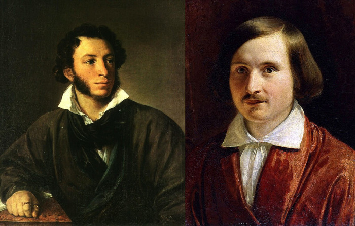 А.С. Пушкин, портрет работы В.Тропинина и Н.В. Гоголь, портрет работы Ф. Моллера