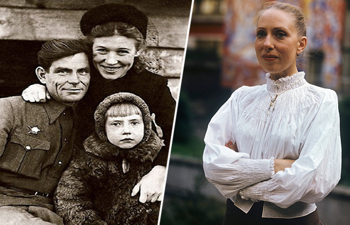 Слева Инна Чурикова в детстве с родителями, справа Инна Чурикова в молодости.