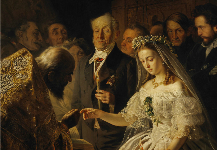 Картина русского художника Василия Пукирева «Неравный брак» впервые экспонировалась на академической выставке 1863 года и наделала много шума