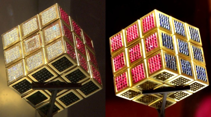 Самый дорогой кубик Рубика выполнен из желтого золота пробы № 750, а в качестве расцветки отдельных сторон использовали разные камни: аметисты, бриллианты, рубины, сапфиры и изумруды