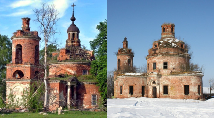 Спасская церковь в Рязанской области (фото слева), Никольская церковь (Николая Чудотворца) в Подмосковье (фото справа)