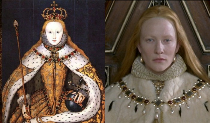 Елизавета I на коронации 15 января 1559 года (на фото справа Кэйт Бланш в образе королевы Англии)