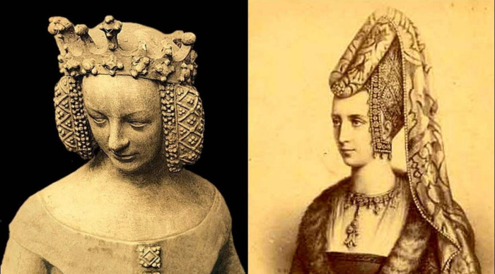 Французская королева Изабелла Баварская считается основоположницей мод на платья с глубоким декольте и высокие головные уборы