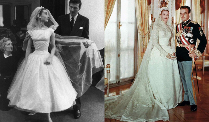 На фото слева - Одри Хепберн в фильме «Забавная мордашка», эта модель была одной из популярных среди невест конца 1950-х, а на фото справа - свадьба Грейс Келли и князя Монако Ренье III, 1956