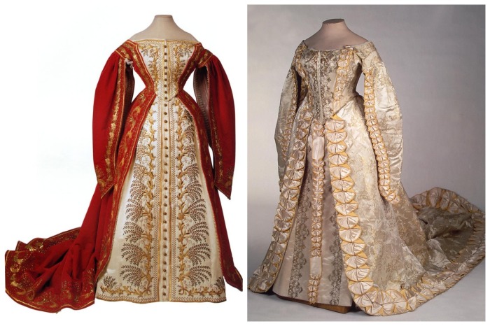 Отличительной чертой русского покроя было платье с разрезными рукавами, которые спускаются вдоль юбки