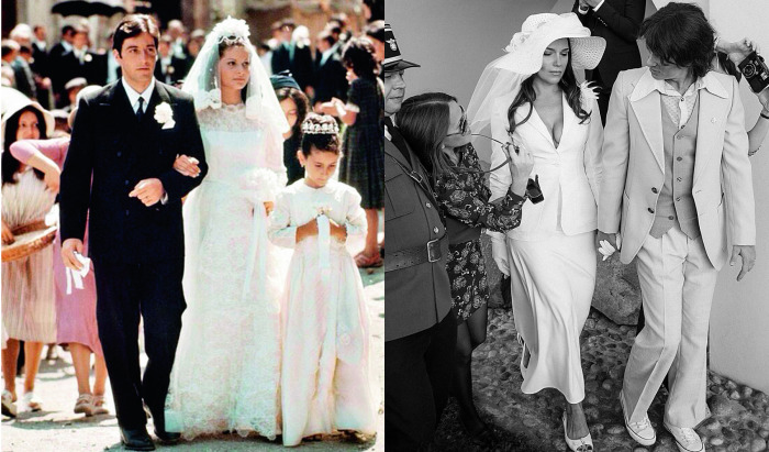 На фото слева - кадр из фильма «Крёстный отец», 1972 год, а справа - свадьба Мика и Бьянки Джагер, 1971 год