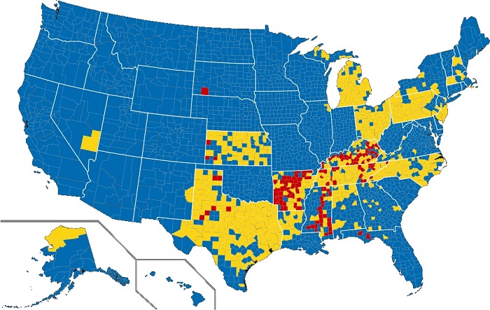 На карте показаны графства США, в которых продажа алкоголя полностью запрещена (красный цвет), либо серьёзно ограничена (жёлтый цвет) / Источник: olegmakarenko.ru