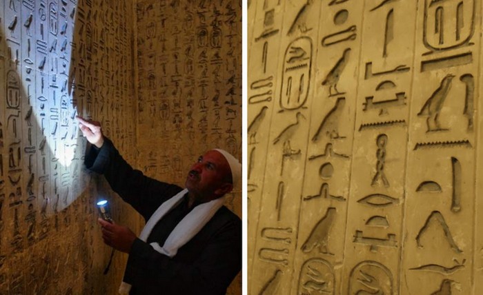 На стены в усыпальницы в пирамиде Униса были нанесены иероглифы и рисунки.