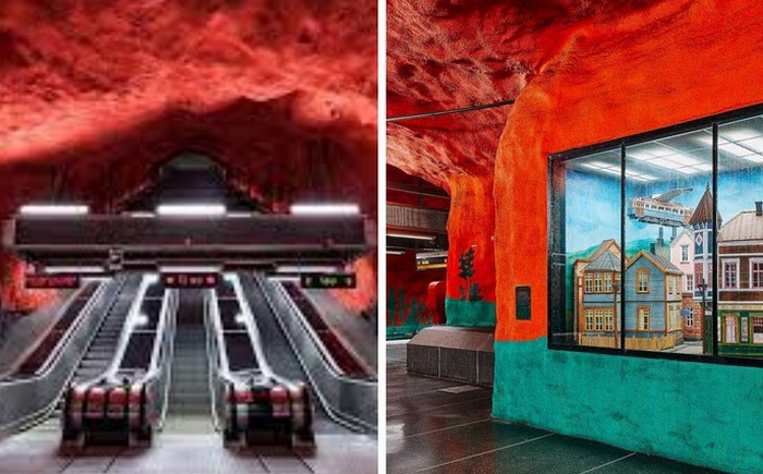 Шведская станция метро Центр Сольна выполнена в красно-зеленой цветовой гамме.