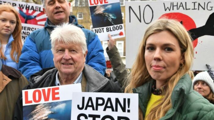 Кэрри Саймондс появлялась на публике с отцом Бориса Джонсона Стэнли. Здесь - на акции против охоты на китов. / Фото: bbc.com 