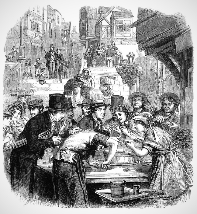 Уличная торговля устрицами в Лондоне. Гравюра Мэйсона Джексона, 1861 год. / Источник: oldbookillustrations.com