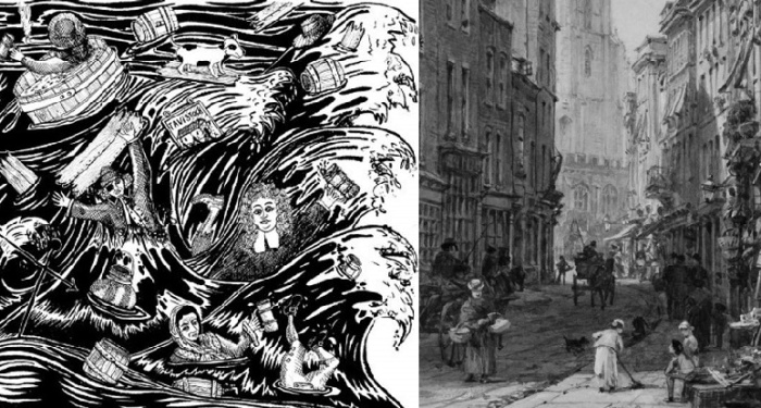 Рисунки лондонского пивного потопа и ликвидации его последствий. 1814 год.