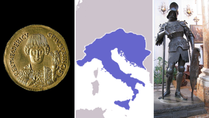 Золотая монета (тремисс) с изображением Теодориха Великого (сохранился один экземпляр), территории государства Теодориха и его статуя в Инсбруке.