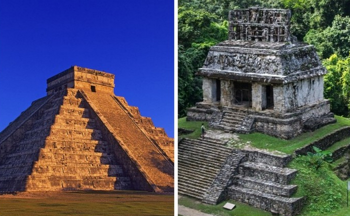 Знаменитые сооружения майя - пирамида Кукулькан и пирамида Солнца и надписей.