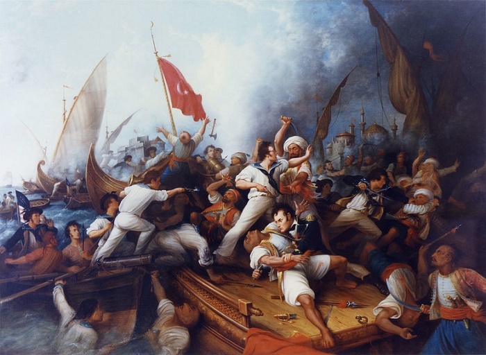 Стивен Декейтер (внизу в центре) в схватке с берберским капитаном, 3 августа 1804 года, художник Деннис Mалон Картер / Фото: wikipedia.org